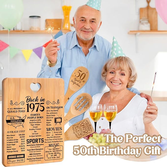 50th Birthday Gifts for Her Him - "Back in 1975" 50th Birthday Gifts for Women Cutting Board, Bamboo-Made Engraved "Year 1975 News" 50th Birthday Gifts