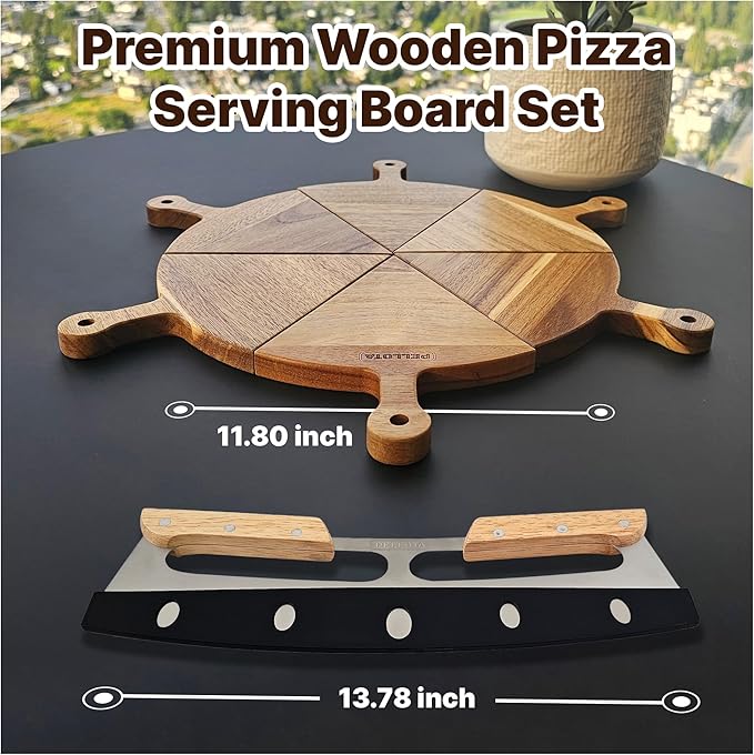 Premium Wooden Pizza Serving Board Set – 6 Slice Detachable Pizza Tray with Stainless Steel Rocker Knife, Pizza Slicer, Pizza Rocker for Parties & Gifts