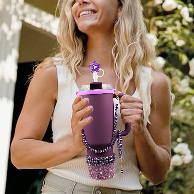 9PCS Dark Purple of Stanley Cup Accessories 30/40 OZ Bling Pearl Rhinestones Charms for Stanley Decorations Tumbler Accessories Including Flower Straw Topper, Rhinestones Boot 30/40 OZ