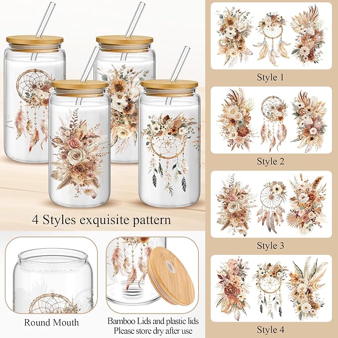 Mumufy 4 Pack Boho Floral Glass Tumbler Gift Set for Bridesmaid Gifts and Bridal Showers Soft Brown Spring Style Glass Cups