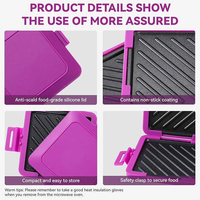 Microwave Toastie Sandwich Maker, Nonstick Plate Panini Maker, Versatile Wireless Small Toaster, Toastie Safe in Microwave Oven, Dishwasher Safe, Fast Cooking for Breakfast, Snacks, Purple