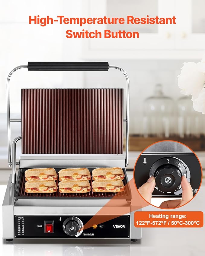 VEVOR Commercial Panini Grill, 1800W Electric Sandwich Panini Maker, Stainless Steel Sandwichs Press with Handle and Temp Control, 13.5x9.3 in Full Grooved Enamel Plate, for Hamburger Steak Bacon