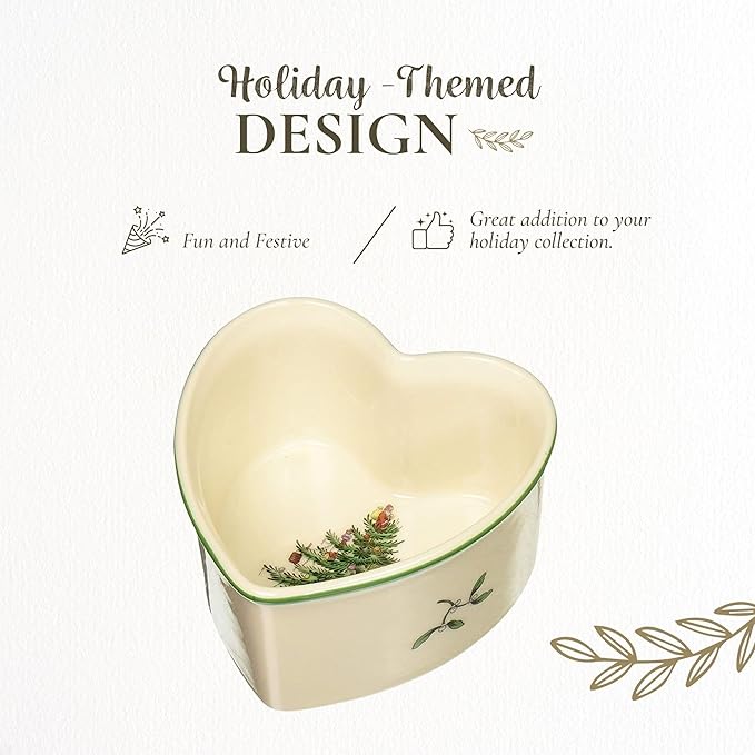Spode Christmas Tree 3.5" Heart Ramekins (Set of 2) - Oven Safe Porcelain Ramekin Dishes for Soufflé, Crème Brûlée, Custard - Microwave & Dishwasher Safe, Festive Dipping Cups, Holiday Baking Set