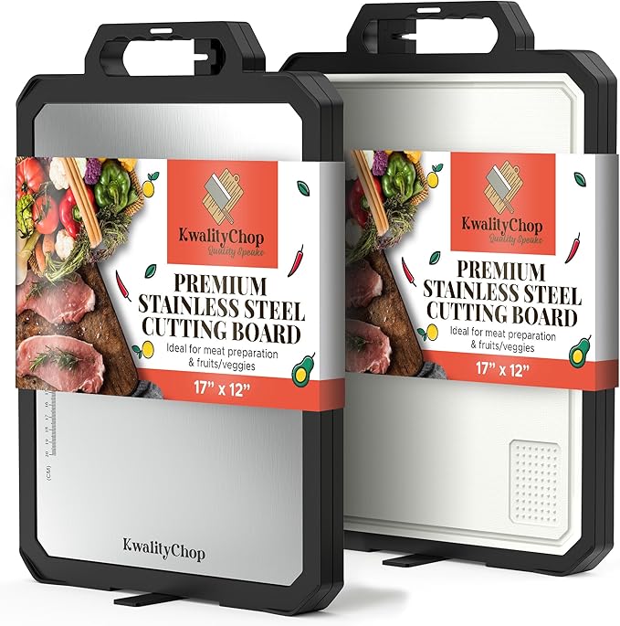 Double-sided Stainless steel cutting board with knife sharpener & stand -17x12" Stainless steel cutting boards for kitchen - Dishwasher Safe cutting boards,chopping board, large cutting board/PP