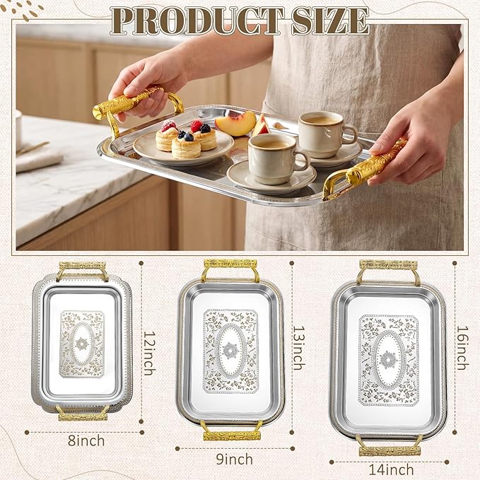 3 Pack Stainless Steel Serving Tray with Gold Handle Silver Metal Plate Platter Coffee Tea Serving Tray Floral Table Platter for Buffet Wedding Party Jewelry, 12" x 8", 13" x 9", 16" x 14"