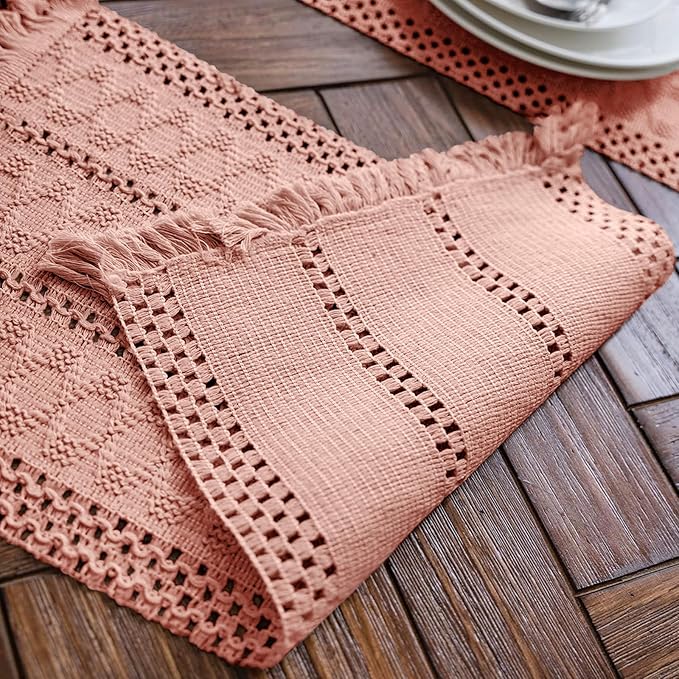 Alynsehom Macrame Table Runner Pure Pink Boho Table Runners with Tassels Hand Woven Cotton Table Runner Rustic Farmhouse Table Runners for Bohemian Kitchen Dining Table(12x71in)