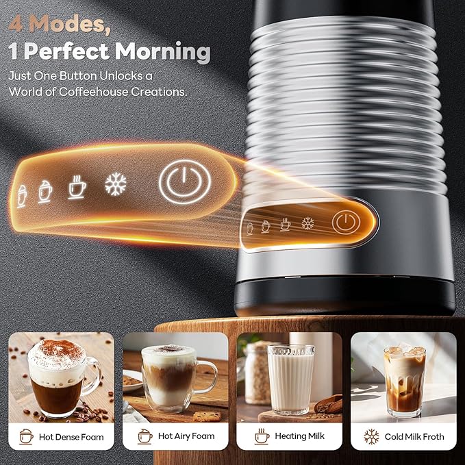 AROMASTER Milk Frother, 4 IN 1 Electric Milk Frother and Steamer for Coffee, Lattes, Cappuccinos, Automatic Hot Dense/Airy Foam & Cold Foam Maker, Perfect for Home, Kitchen, Office Use