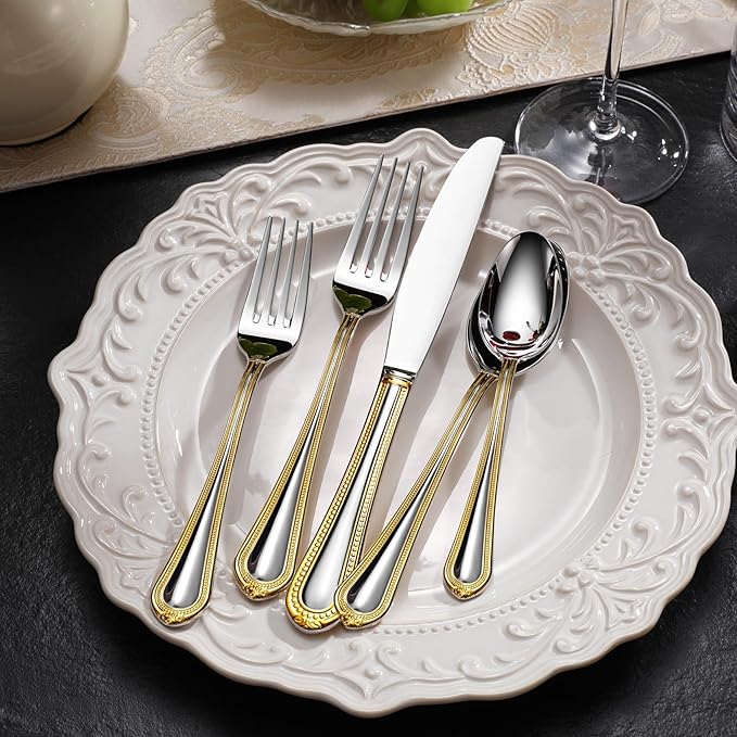 KEAWELL Pearl Edge 4-Piece Premium Dinner Knives: Stainless Steel Table Knives with a Refined Bead Design, Brightly Polished, 9.6 Inches, Dishwasher Safe. (Gold Accent)