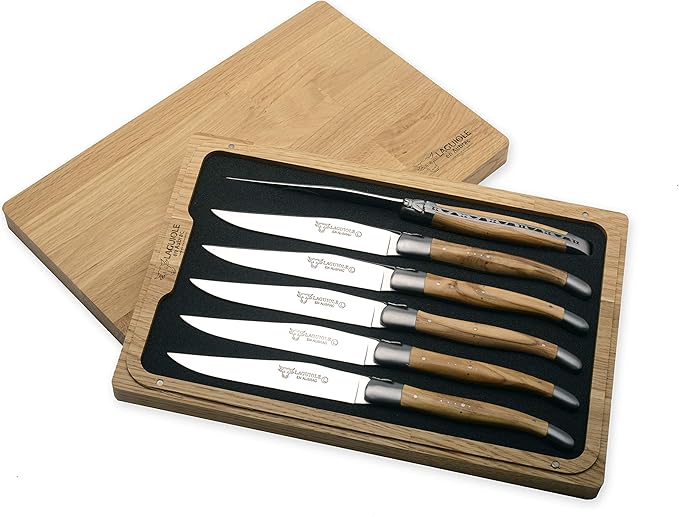 Laguiole en Aubrac Luxury Fully Forged Full Tang Stainless Steel Steak Knives 6-Piece Set with Olivewood Handle, Stainless Steel Matte Bolsters