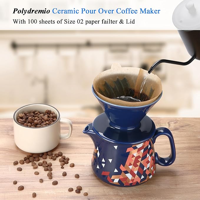 Polydremio Pour Over Coffee Maker, Ceramic Coffee dripper with 100 pcs V60 Paper Filter, Ceramic coffee Server with Lid, 15.5oz/450 ml, Suitable for 1-2 people (Blue)