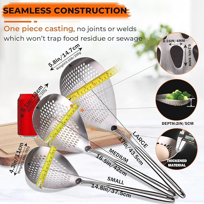MARTE Skimmer Slotted Spoon Set of 3-304 Stainless Steel Spider Strainer Utensils Ladle Spoon with Handle for Cooking and Frying - Kitchen Pasta Strainer Colander - 14.8In,16.5In,17In