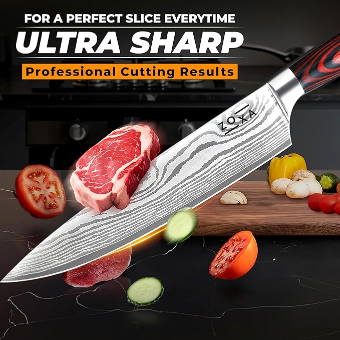 Kitchen Knife Set Professional Chef Knives, 8-Piece Stainless Steel Knife Set with Santoku, Nakiri, Bread, Paring, Boning Knives & Pakkawood Handle
