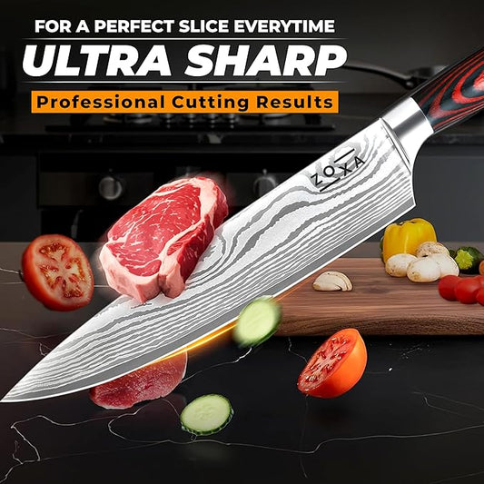 Kitchen Knife Set Professional Chef Knives, 8-Piece Stainless Steel Knife Set with Santoku, Nakiri, Bread, Paring, Boning Knives & Pakkawood Handle