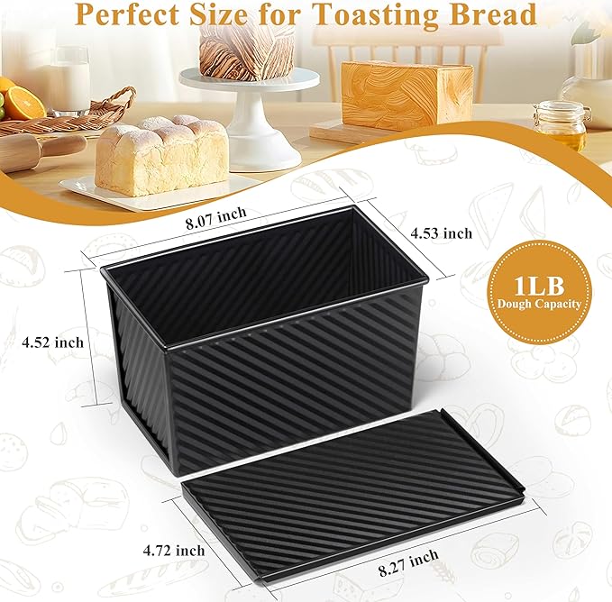 LIANYU Loaf Pan with Lid Set of 4, Pullman Loaf Baking Bread Pans, Nonstick Carbon Steel Homemade Toast Sandwich Box, 1 Pound Dough Small Metal Bakeware, Black