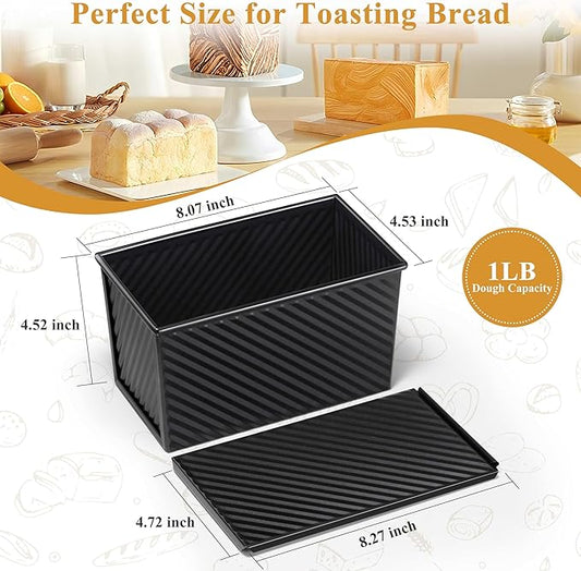 LIANYU Loaf Pan with Lid Set of 4, Pullman Loaf Baking Bread Pans, Nonstick Carbon Steel Homemade Toast Sandwich Box, 1 Pound Dough Small Metal Bakeware, Black