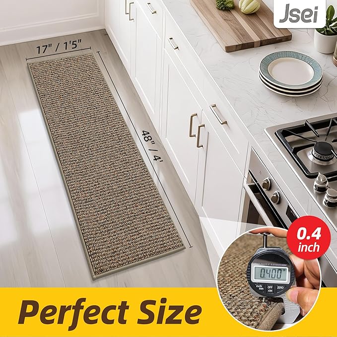 JSEI Kitchen Runner Rugs, 17''x48'' Non-Slip Kitchen Mats for Floor, Machine Washable Absorbent and Stain Resistant Kitchen Rug, Carpet Mats with TPR Backing for Kitchen, Taupe