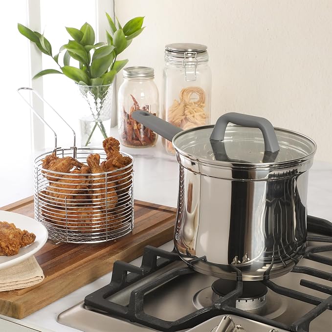 Oster Beauford 3.65-Quart Stainless Steel Deep Fryer Pot with Basket & Glass Lid – Induction, Oven & Dishwasher Safe, 5-Ply Encapsulated Base, Soft-Touch Handle