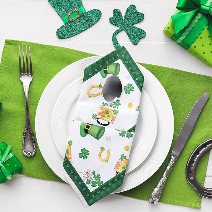 St. Patrick's Day Shamrock Napkins, 18×18 Inch Green Dinner Cloth Napkins Set of 6, Washable Cotton Soft Absorbent Square Napkins for Dining Kitchen Party Wedding Decoration
