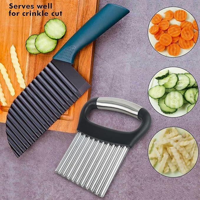 2PCS Crinkle Cutter Knife with Peeler, Crinkle Cutter for Veggies Wave Chopper Stainless Steel Crinkle Cut Fry Cutter with Handle for Veggies Fruit, Set of 3