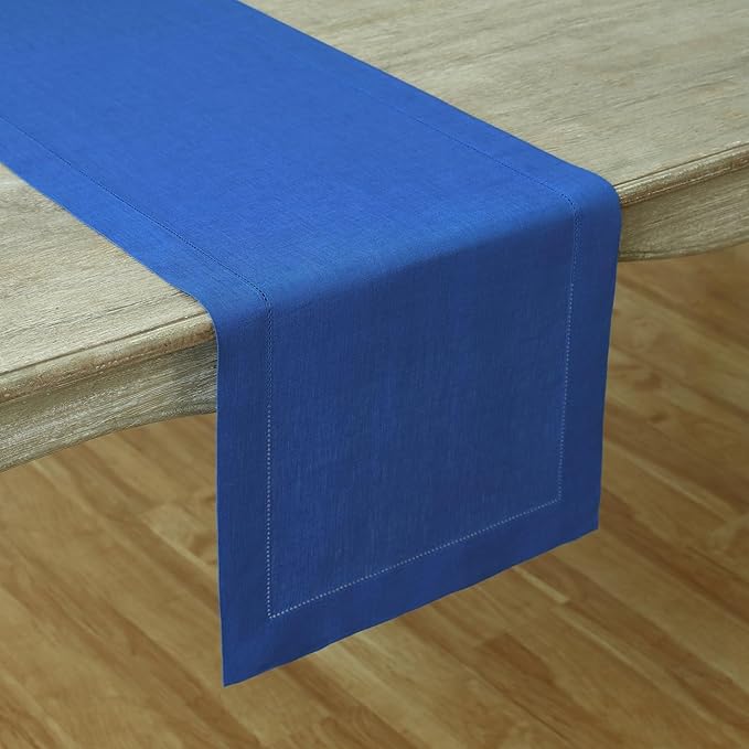 Solino Home Linen Royal Blue Table Runner 36 Inches - Classic Hemstitch, 100% Pure Linen Coffee Table Runner 14 x 36 Inch Ideal for Dresser Tables, Spring