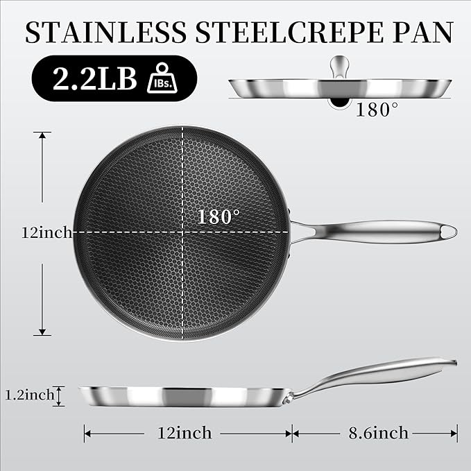 Innerwell Nonstick Crepe Pan 12 inch Stainless Steel Crepe Pan Honeycomb Coating Flat Skillet Tawa Dosa Tortilla Pan,Omelet Pan with All Stove Tops Available, Induction Compatible