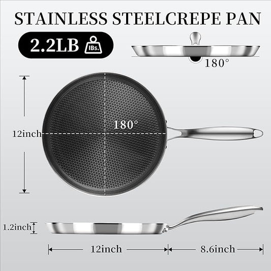 Innerwell Nonstick Crepe Pan 12 inch Stainless Steel Crepe Pan Honeycomb Coating Flat Skillet Tawa Dosa Tortilla Pan,Omelet Pan with All Stove Tops Available, Induction Compatible