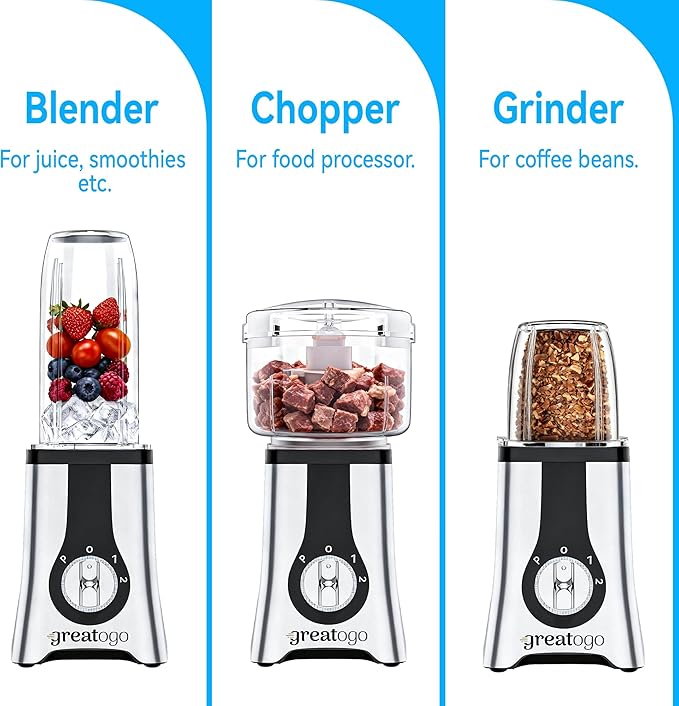 Greatogo Countertop Blenders For Shakes And Smoothies, 3-In-1 Smoothie Maker & Food Processor, Multi-Function Blender Grinder Chopper Combo For Kitchen, Includes 4 Cups And Portable Lid