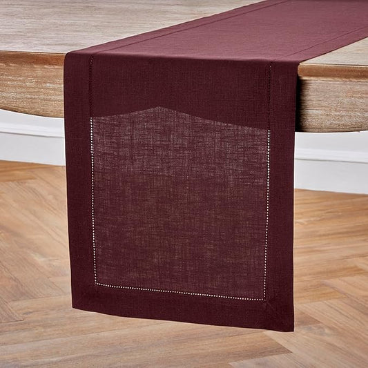 Solino Home Linen Burgundy Table Runner 120 Inches Long - 100% Pure Linen 14 x 120 Inch Table Runner for Valentines, Winter - Classic Hemstitch