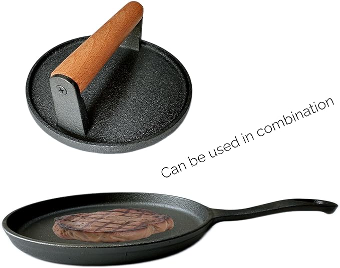 7" Cast Iron Burger Press Round Smash Bacon Press Meat Steak with Wood Handle for BBQ CookoutsSmashed Meat Steak Weight Grill Griddle Press