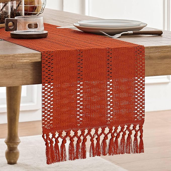 ZeeMart Macrame Style Boho Table Runner, Burnt Ochre Fall Table Runners 108 Inches Long, Farmhouse Woven Home Decor, 12x108 Inch, Dark Orange