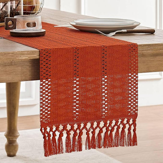 ZeeMart Macrame Style Boho Table Runner, Burnt Ochre Fall Table Runners 90 Inches Long, Farmhouse Woven Home Decor, 12x90 Inch, Dark Orange