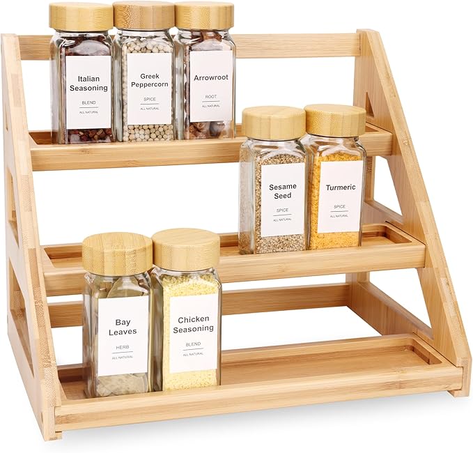 Spice Organizer, Bamboo 3 Tier Spice racks, Kitchen Seasoning Spices Rack, Suitable for Spice Organizers Such as Sitchen Countertops, Stoves, Sorage Rooms (S)