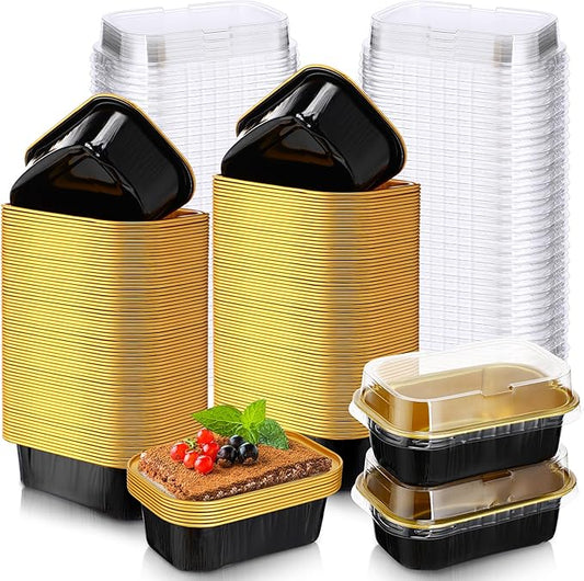 Vesici 100 Sets Mini Loaf Pans with Lids, 5.7 oz Disposable Aluminum Foil Baking Cups, Rectangle Cake Pans for Pudding Desserts Muffin Baking Storage Valentines Wedding Birthday Party(Black Gold)