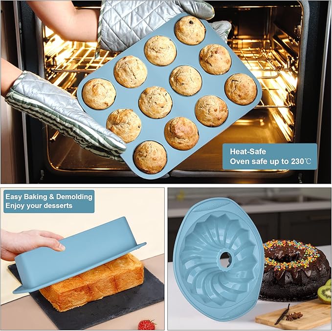 9in1 Nonstick Silicone Baking Bundt Cake Pan Cookie Sheet Molds Tray Heat Resistant Bakeware Tools Kit for Muffin Loaf Bread Pizza CupcakeUtensil