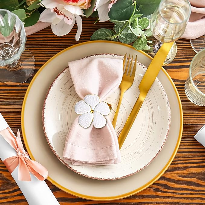 Patelai 6 Pcs White Flower Napkin Rings Bulk, Holiday Gold Cloth Napkin Rings Floral Serviette Buckles Party Table Decor for Baby Shower Fall Thanksgiving Wedding Banquet Dinner Daily Use