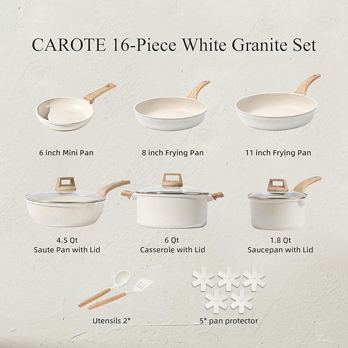 CAROTE 16 Piece Cookware Set, Nonstick Pots and Pans, Induction Cookware Cooking Set with Frying Pans, Saucepans, Saute Pan