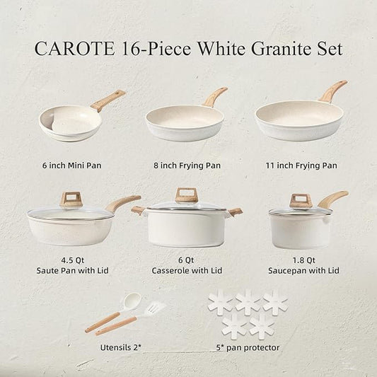 CAROTE 16 Piece Cookware Set, Nonstick Pots and Pans, Induction Cookware Cooking Set with Frying Pans, Saucepans, Saute Pan