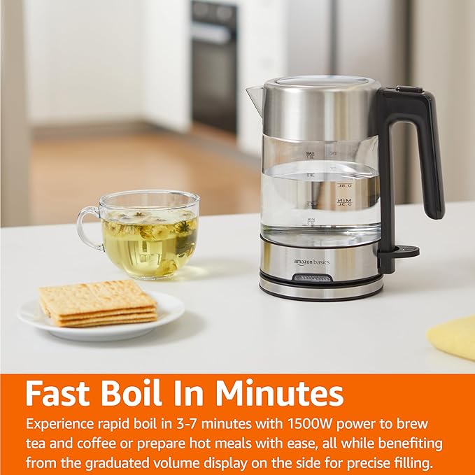 Amazon Basics Electric Kettle with Glass Carafe for Tea and Coffee, BPA-Free, Fast Boiling, Auto Shut-Off, 1 Liter, 1500W, Glass and Steel