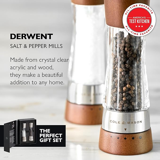 Cole & Mason Derwent Salt and Pepper Grinder Set - Refillable Salt & Pepper Grinder Set with Gourmet Precision Mechanisms - Kitchen Accessories for Cooking - Gift Set, Forest Wood