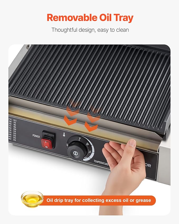 VEVOR Commercial Panini Grill, 1800W Electric Sandwich Panini Maker, Stainless Steel Sandwichs Press with Handle and Temp Control, 13.5x9.3 in Full Grooved Enamel Plate, for Hamburger Steak Bacon