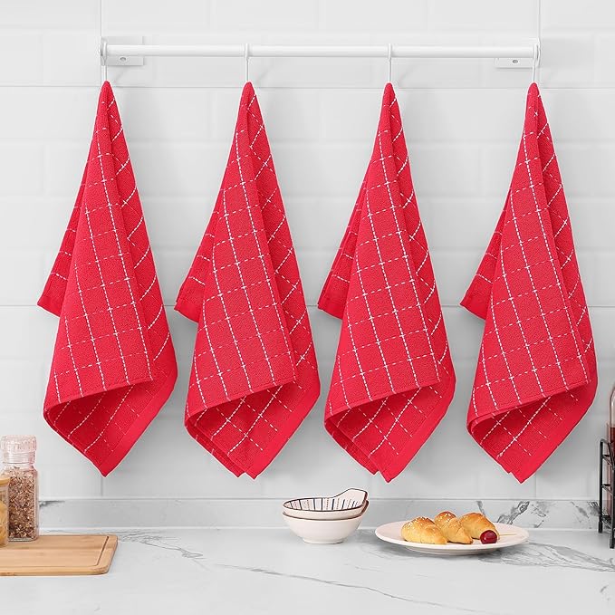Mordimy 100% Cotton Terry Cloth Kitchen Towels, Super Soft and Absorbent Dish Towels for Drying, Checkered Designed Hand Towels for Kitchen, 16 x 26 Inches, 8 Pack, Red