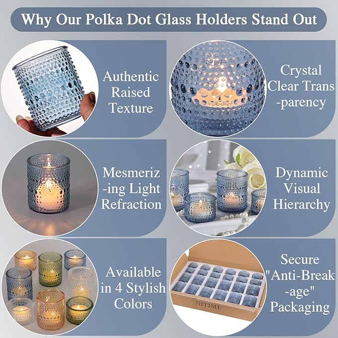 Blue Glass Votive Candle Holders Set of 24, Assorted Heights Polka Dot Tealight Candle Holders for Table Centerpiece, Blue Candle Holder Decor for Wedding, Baby Shower Party & Spa