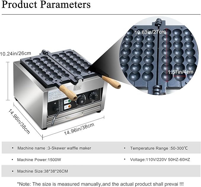 Commercial Waffle Skewer Maker1500W 3-Grid Nonstick Waffle Balls Maker Iron Ball Waffle Stainless Steel Belgium Waffle Ball Stick Maker for Restaurant, Snack Bar, Street Stall
