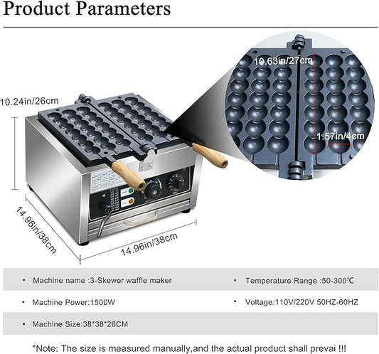 Commercial Waffle Skewer Maker1500W 3-Grid Nonstick Waffle Balls Maker Iron Ball Waffle Stainless Steel Belgium Waffle Ball Stick Maker for Restaurant, Snack Bar, Street Stall