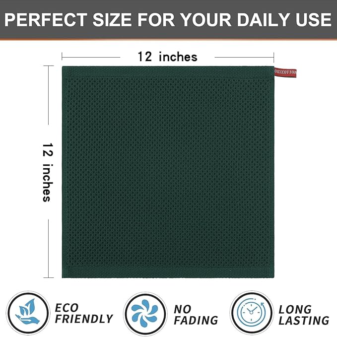 Kitinjoy 100% Cotton Kitchen Dish Cloths, 8 Pack Waffle Weave Ultra Soft Absorbent Dish Towels for Drying Dishes Quick Drying Kitchen Towels Dish Rags, 12 X 12 Inches, Blackish Green