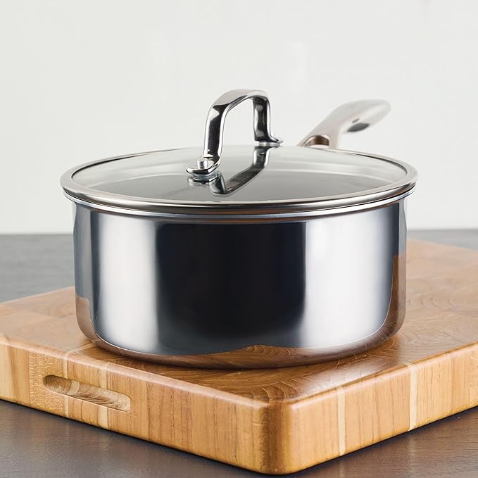 Circulon C1 Series Clad Stainless Steel with ScratchDefense Technology Cookware Nonstick Induction Saucepan with Lid, Metal Utensil Safe, 3 Quart - Polished Stainless Steel