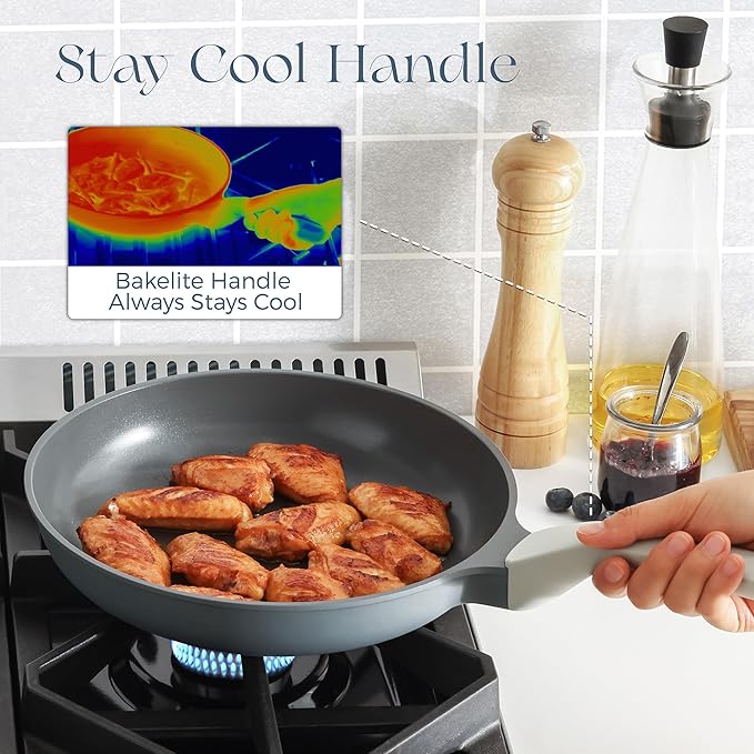 PRICUSIS 5Pcs Ceramic Nonstick Frying Pan Set, 8+10+12 Inch Induction Compatible Skillet with Stay Cool Handle, Fully Coated, 100% Dishwasher Safe, PFAS & PTFE & PFOA Free (Blueberry Gray