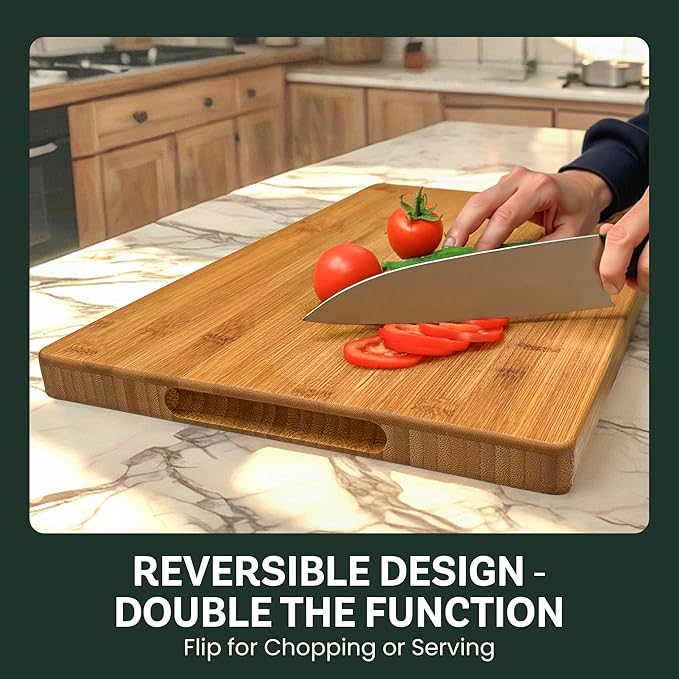 Bamboo Cutting Board for Kitchen - 16" Wooden Cutting Board with Side Handles, Deep Juice Groove, Heavy Duty Chopping Board & Serving Tray, Large Reversible Charcuterie & Cheese Board for Meat Serving