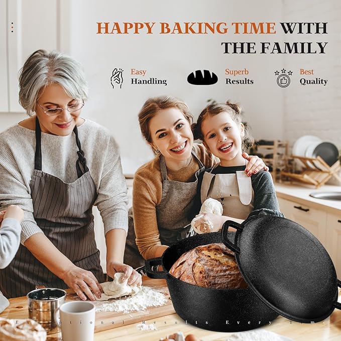 Slow Slog Cast Iron Dutch Oven for Bread Baking, 5QT Cast Iron Bread Pan with Lid, Sourdough Baking Supplies Tools like Banneton Proofing Basket, Bread Dutch Oven