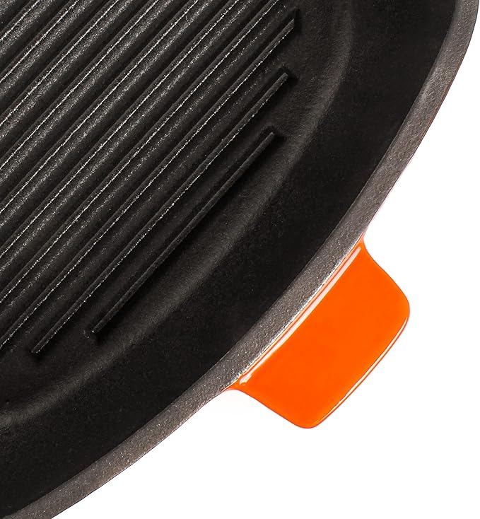 Berghoff Neo 2Pc Enameled Cast Iron Grill Set, Grill Pan 11 inches, Bacon/Steak Press 8 inches, Fast, Evenly Heat, Oven safe (Orange)